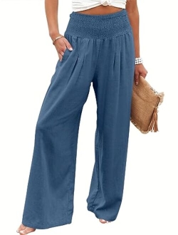 Women Linen Palazzo Pants Summer Boho Wide Leg High Waist Casual Lounge Pant Trousers with Pocket