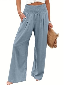 Women Linen Palazzo Pants Summer Boho Wide Leg High Waist Casual Lounge Pant Trousers with Pocket