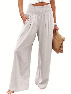 Women Linen Palazzo Pants Summer Boho Wide Leg High Waist Casual Lounge Pant Trousers with Pocket