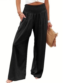 Women Linen Palazzo Pants Summer Boho Wide Leg High Waist Casual Lounge Pant Trousers with Pocket