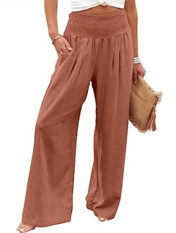 Women Linen Palazzo Pants Summer Boho Wide Leg High Waist Casual Lounge Pant Trousers with Pocket