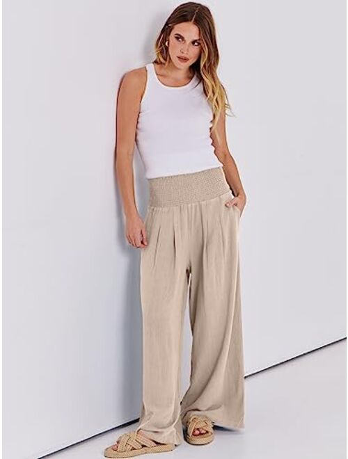 ANRABESS Women Linen Palazzo Pants Summer Boho Wide Leg High Waist Casual Lounge Pant Trousers with Pocket