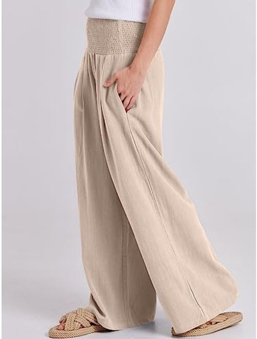 ANRABESS Women Linen Palazzo Pants Summer Boho Wide Leg High Waist Casual Lounge Pant Trousers with Pocket