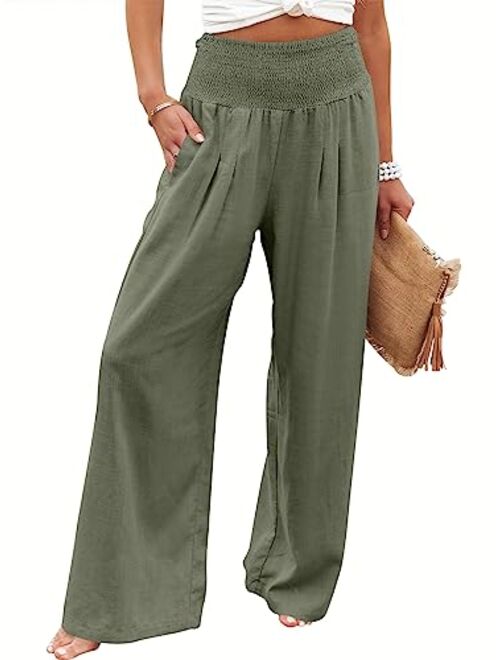 ANRABESS Women Linen Palazzo Pants Summer Boho Wide Leg High Waist Casual Lounge Pant Trousers with Pocket