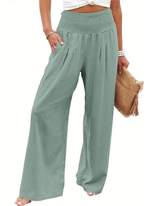 ANRABESS Women Linen Palazzo Pants Summer Boho Wide Leg High Waist Casual Lounge Pant Trousers with Pocket