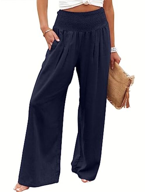 ANRABESS Women Linen Palazzo Pants Summer Boho Wide Leg High Waist Casual Lounge Pant Trousers with Pocket