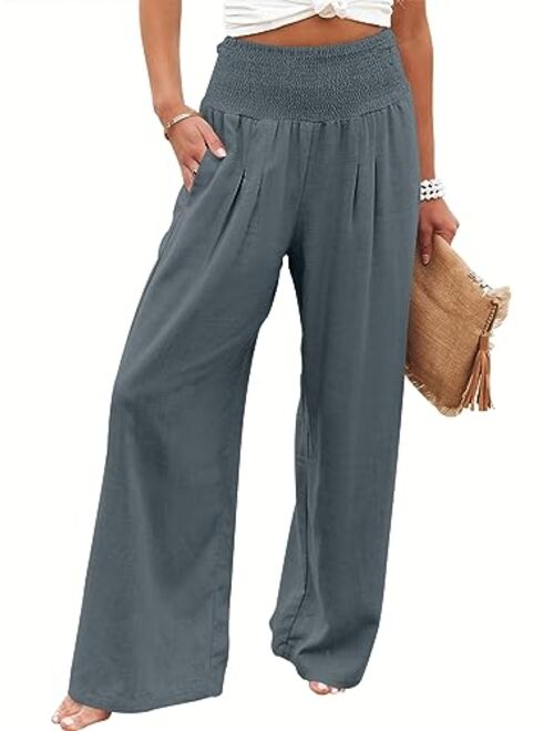 ANRABESS Women Linen Palazzo Pants Summer Boho Wide Leg High Waist Casual Lounge Pant Trousers with Pocket