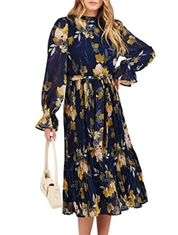 Women's Floral Midi Dress Puff Long Sleeve Ruffle Trim Smocked A-line Pleated Swing Chiffon Dresses with Belt