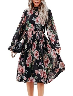 Women's Floral Midi Dress Puff Long Sleeve Ruffle Trim Smocked A-line Pleated Swing Chiffon Dresses with Belt