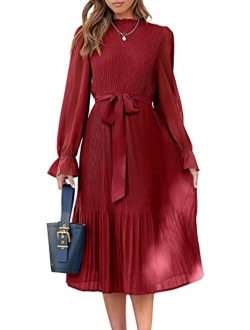 Women's Floral Midi Dress Puff Long Sleeve Ruffle Trim Smocked A-line Pleated Swing Chiffon Dresses with Belt