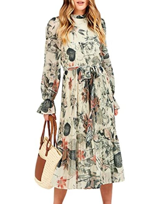 ANRABESS Women's Floral Midi Dress Puff Long Sleeve Ruffle Trim Smocked A-line Pleated Swing Chiffon Dresses with Belt