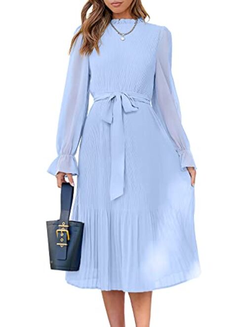 ANRABESS Women's Floral Midi Dress Puff Long Sleeve Ruffle Trim Smocked A-line Pleated Swing Chiffon Dresses with Belt