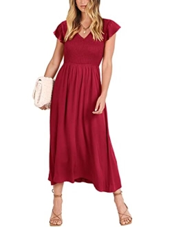 Women's 2023 Summer Casual Flutter Sleeve V Neck Smocked Elastic Waist Midi Beach Dress