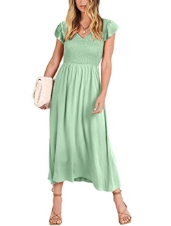 Women's 2023 Summer Casual Flutter Sleeve V Neck Smocked Elastic Waist Midi Beach Dress