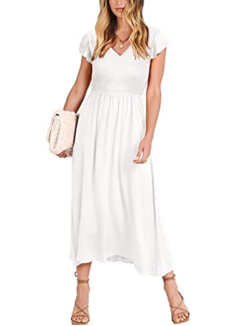 ANRABESS Women's 2023 Summer Casual Flutter Sleeve V Neck Smocked Elastic Waist Midi Beach Dress