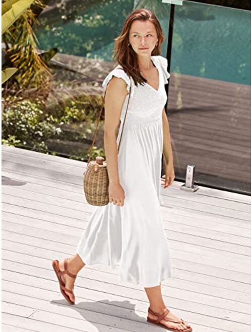 ANRABESS Women's 2023 Summer Casual Flutter Sleeve V Neck Smocked Elastic Waist Midi Beach Dress