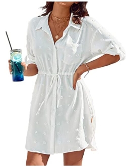 Women's Swimsuit Coverup Beach Bathing Suit Cover Ups Swimwear Button Down Dress Shirt with Pocket