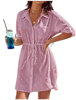 Women's Swimsuit Coverup Beach Bathing Suit Cover Ups Swimwear Button Down Dress Shirt with Pocket