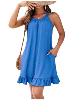 Womens Swimsuit Coverup Beach Bathing Suit Cover Ups Eyelet Tank Dress with Pockets