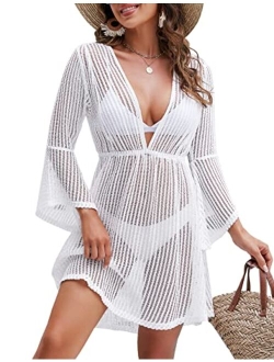 Womens Bathing Suit Cover Ups V Neck Hollow Out Crochet Cover Up Beach Swim Bikini Coverup Dress