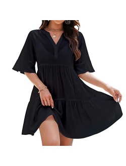 Womens Swimsuit Coverup Summer V Neck Bikini Bathing Suit Cover Ups Mini Babydoll Beach Dress