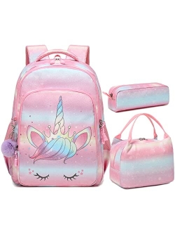 Meisohua School Backpacks Girls Unicorn Backpack with Lunch Bag and Pencil Case Kids 3 in 1 Bookbags School Bag Set