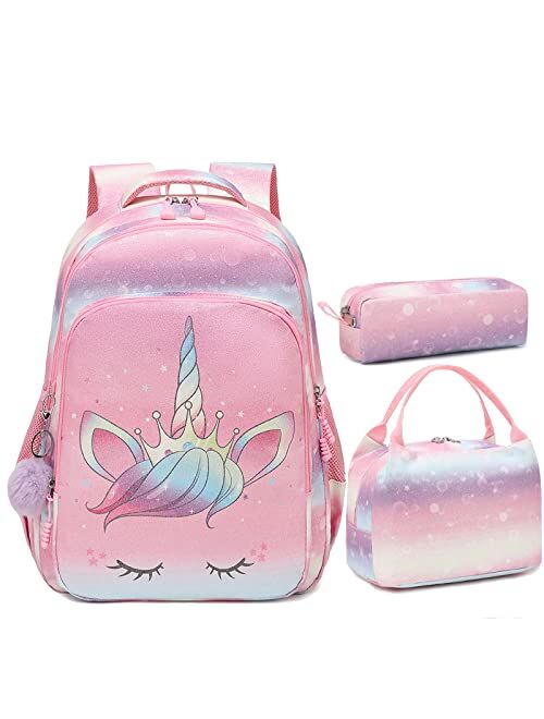 Meisohua School Backpacks Girls Unicorn Backpack with Lunch Bag and Pencil Case Kids 3 in 1 Bookbags School Bag Set