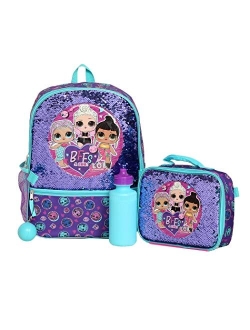 L.O.L. Surprise! LOL Girls 4 Piece Backpack Set, Sequin School Bag with Front Zip Pocket, 2 Side Mesh Pockets, Insulated Lunch Bag, Water Bottle and Squish Ball Dangle, T