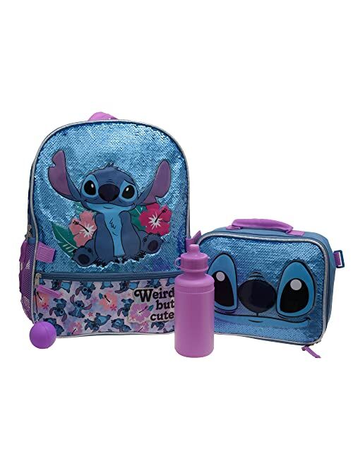 Disney Lilo & Stitch Girls 4 Piece Backpack Set, Flip Sequin 16" School Bag with Front Zip Pocket, Blue