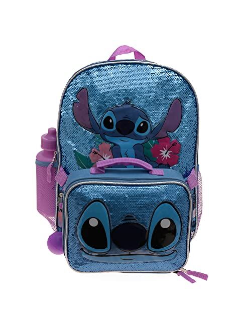 Disney Lilo & Stitch Girls 4 Piece Backpack Set, Flip Sequin 16" School Bag with Front Zip Pocket, Blue