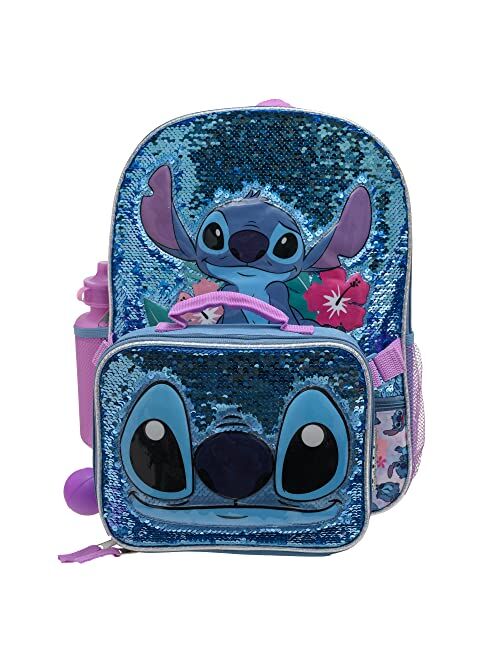 Disney Lilo & Stitch Girls 4 Piece Backpack Set, Flip Sequin 16" School Bag with Front Zip Pocket, Blue