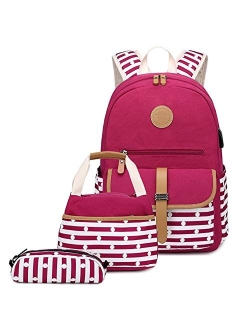 Mitowermi Kids School Bag for Girls Backpacks with Lunch Bag Causal Canvas Bookbag for Teen