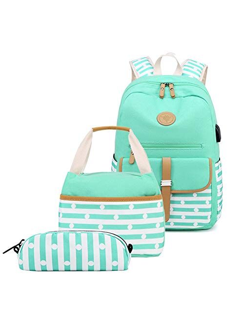 Mitowermi Kids School Bag for Girls Backpacks with Lunch Bag Causal Canvas Bookbag for Teen