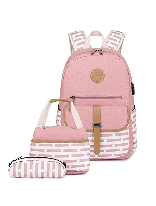 Mitowermi Kids School Bag for Girls Backpacks with Lunch Bag Causal Canvas Bookbag for Teen