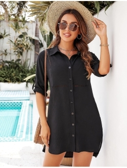 Women's Swimsuit Coverup Bathing Suit Swimwear Swim Cover Ups Beach Button Down Shirt Dress with Pocket