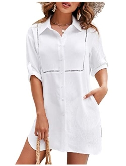 Women's Swimsuit Coverup Bathing Suit Swimwear Swim Cover Ups Beach Button Down Shirt Dress with Pocket