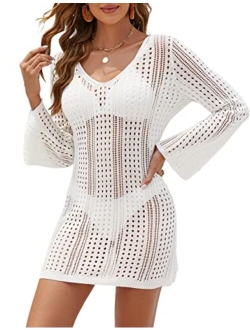 Womens Crochet Cover Up Dress Knit Bell Sleeve Backless Bathing Suit Cover Ups Swimsuit 2023 Beach Coverups