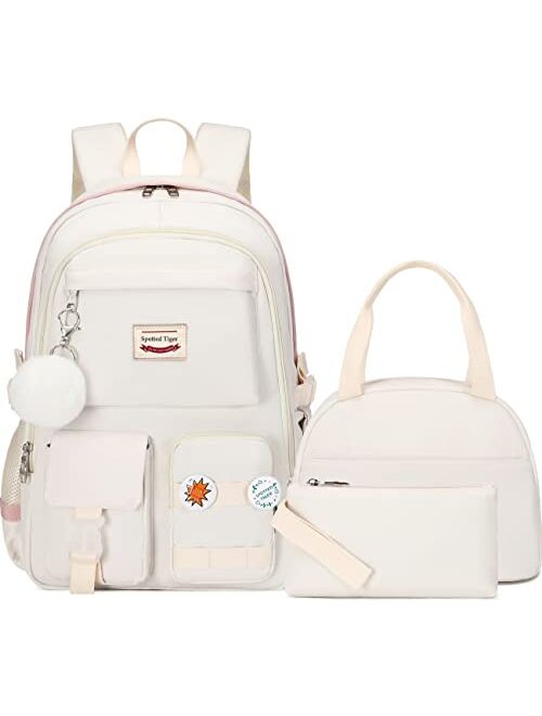 Spotted Tiger School Backpack for Girls Backpack with Lunch Box Anime Bookbag School Bag Kawaii Backpack Set for Teen Girls (White)