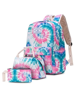 SHEEYEE Teen Girls School Backpack with Matching Lunch Box Pencil Case Marble Bookbag Laptop for Middle School