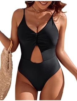 Women Sexy One Piece Swimsuit Cheeky Cute Curvy Sexy Bathing Suit High Leg Ruched Cutout Swimwear