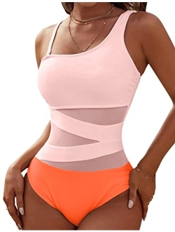 Women's Sexy One Piece Bathing Suits One Shoulder Swimsuits Slimming Mesh Swimwear