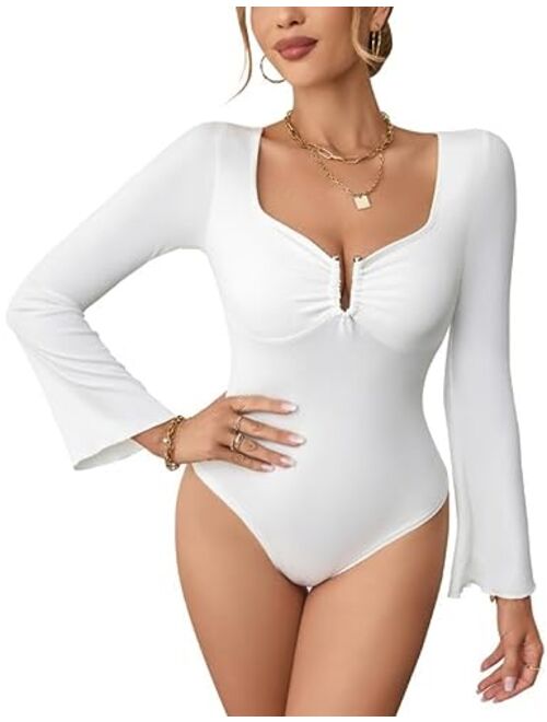 Blooming Jelly Womens Ribbed Bodysuit Long Sleeve Square Neck Sexy Body Suits Bell Sleeve U Wire Casual Shirts