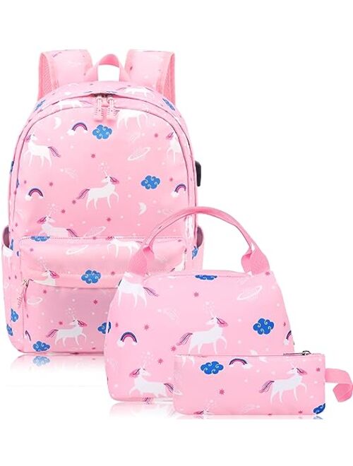 Scione Unicorn School Backpack for Girls Set 3 in 1, Teens Girls Pink Unicorn Bookbag with USB Charging Port Shool Supplies for Girl