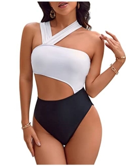 Womens Tummy Control Bathing Suits V Neck Cute One Piece Swimsuits Lace Up Ruffle Swimsuit