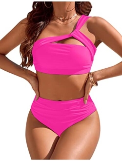 Women Sexy One Shoulder Swimsuits Tummy Control Bathing Suits 2 Piece High Waisted Bikini