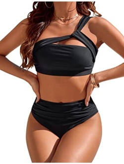 Women Sexy One Shoulder Swimsuits Tummy Control Bathing Suits 2 Piece High Waisted Bikini