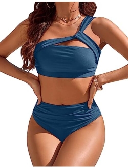 Women Sexy One Shoulder Swimsuits Tummy Control Bathing Suits 2 Piece High Waisted Bikini