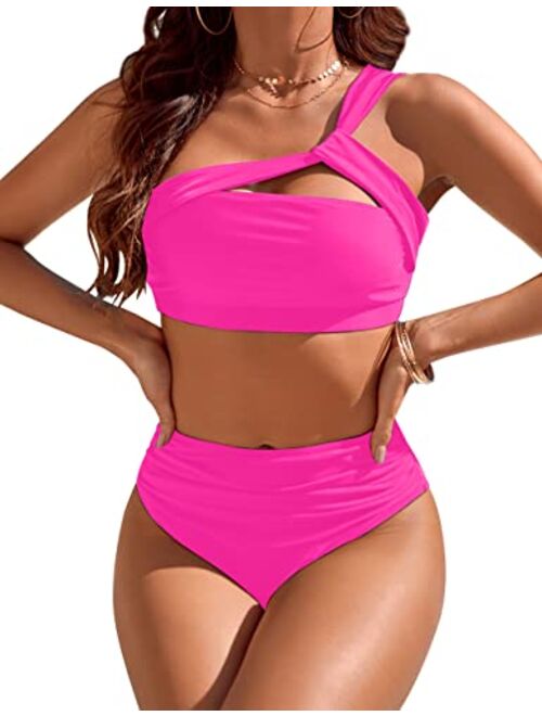 Blooming Jelly Women Sexy One Shoulder Swimsuits Tummy Control Bathing Suits 2 Piece High Waisted Bikini