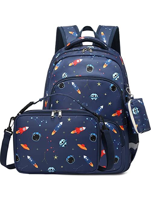 MIRLEWAIY Boys Backpack Purse Set Kids Space Rocket Printed School Bag 15.7 inch Multipocket Bookbag With Insulated Lunch Box And Coin Pouch, Dark Blue Rocket