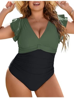 Women's Tummy Control Swimsuit One Piece Full Coverage Plus Size Bathing Suit Retro Ruffle Swimwear